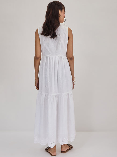 White Schiffli Sleeveless Maxi Dress