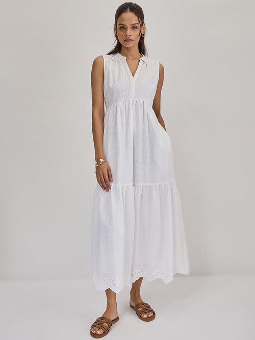 White Schiffli Sleeveless Maxi Dress
