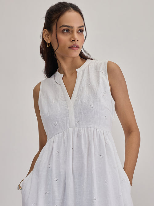 White Schiffli Sleeveless Maxi Dress