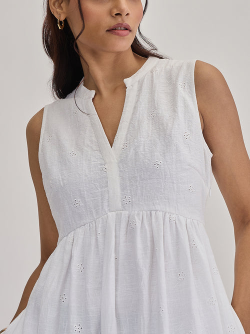 White Schiffli Sleeveless Maxi Dress