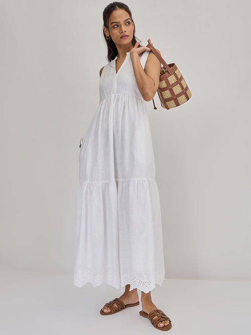 White Schiffli Sleeveless Maxi Dress