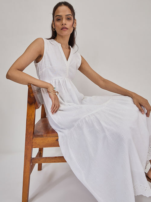 White Schiffli Sleeveless Maxi Dress
