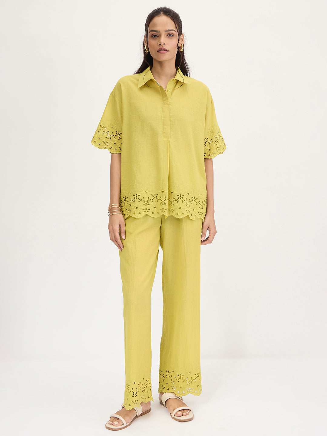 Citrine Green Schiffli Shirt Co-Ord Set