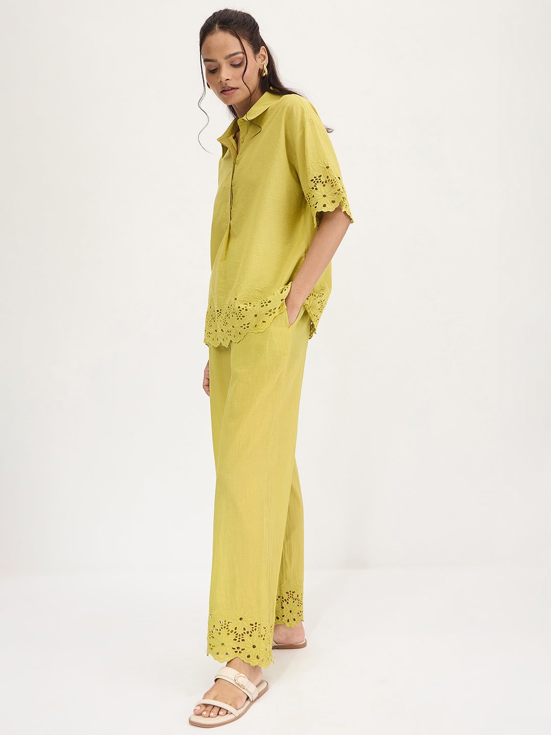 Citrine Green Schiffli Shirt Co-Ord Set