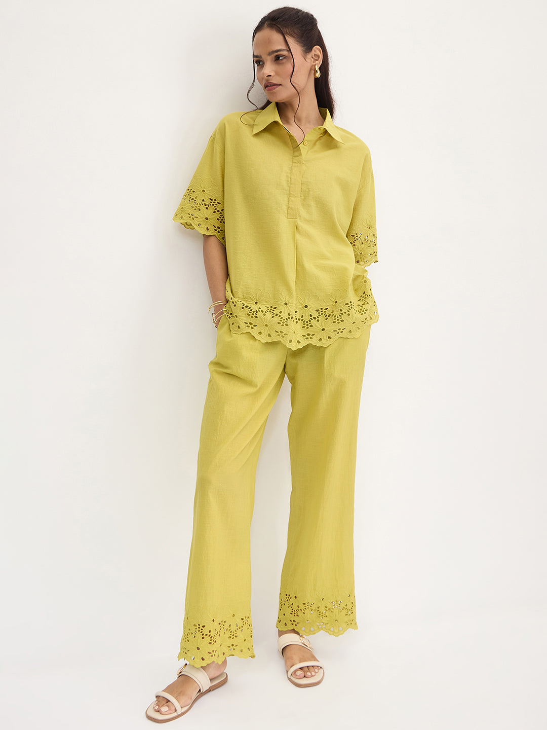 Citrine Green Schiffli Shirt Co-Ord Set