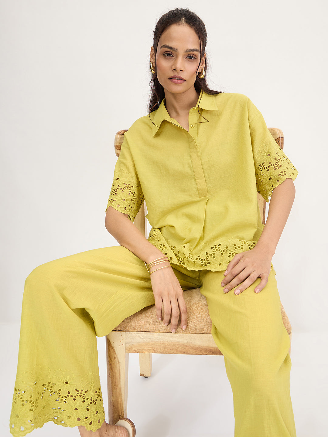 Citrine Green Schiffli Shirt Co-Ord Set