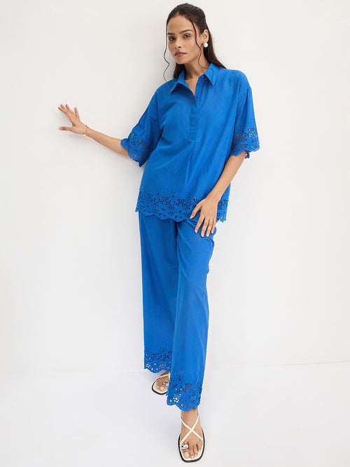 Royal Blue Schiffli Shirt Co-Ord Set