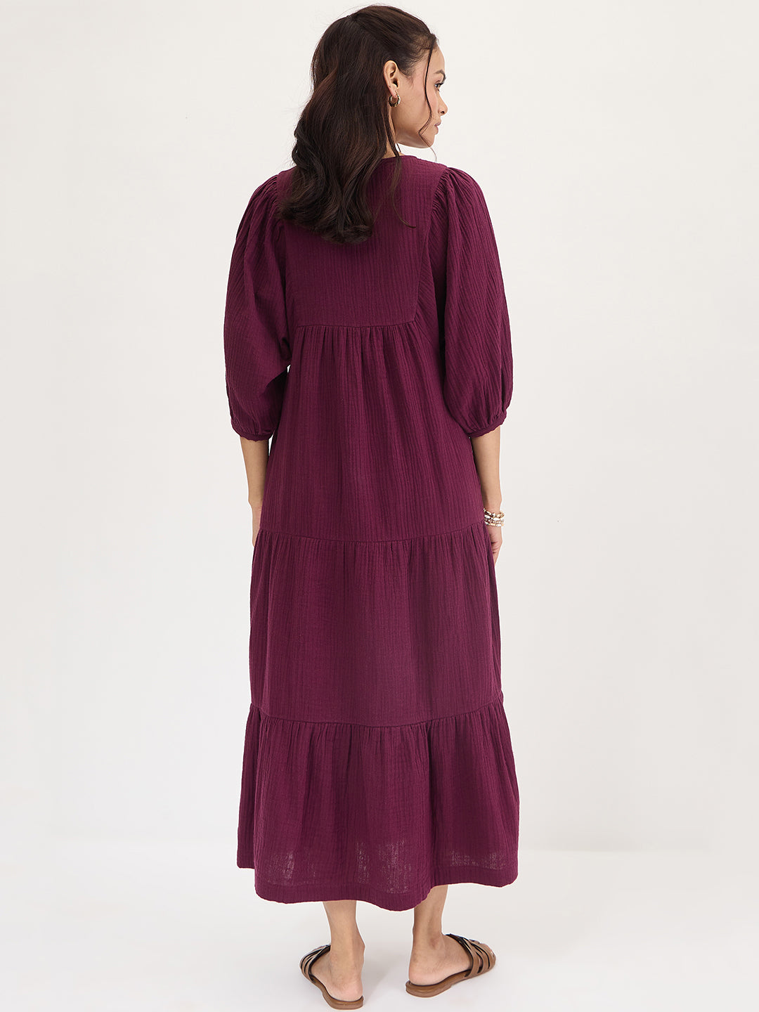 Wine Cotton Tiered Maxi Dress