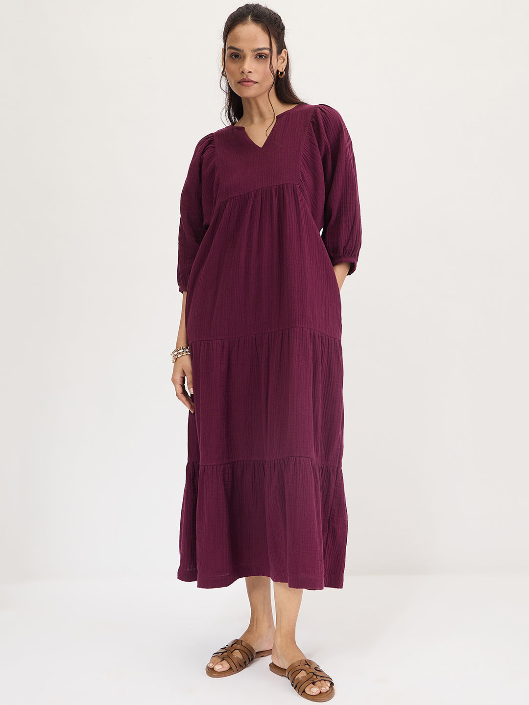 Wine Cotton Tiered Maxi Dress