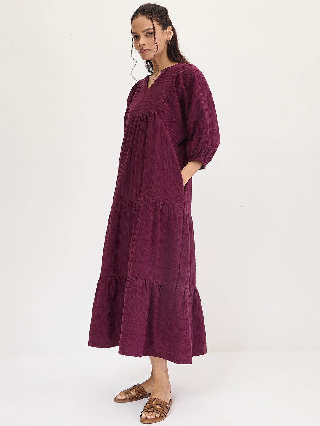 Wine Cotton Tiered Maxi Dress