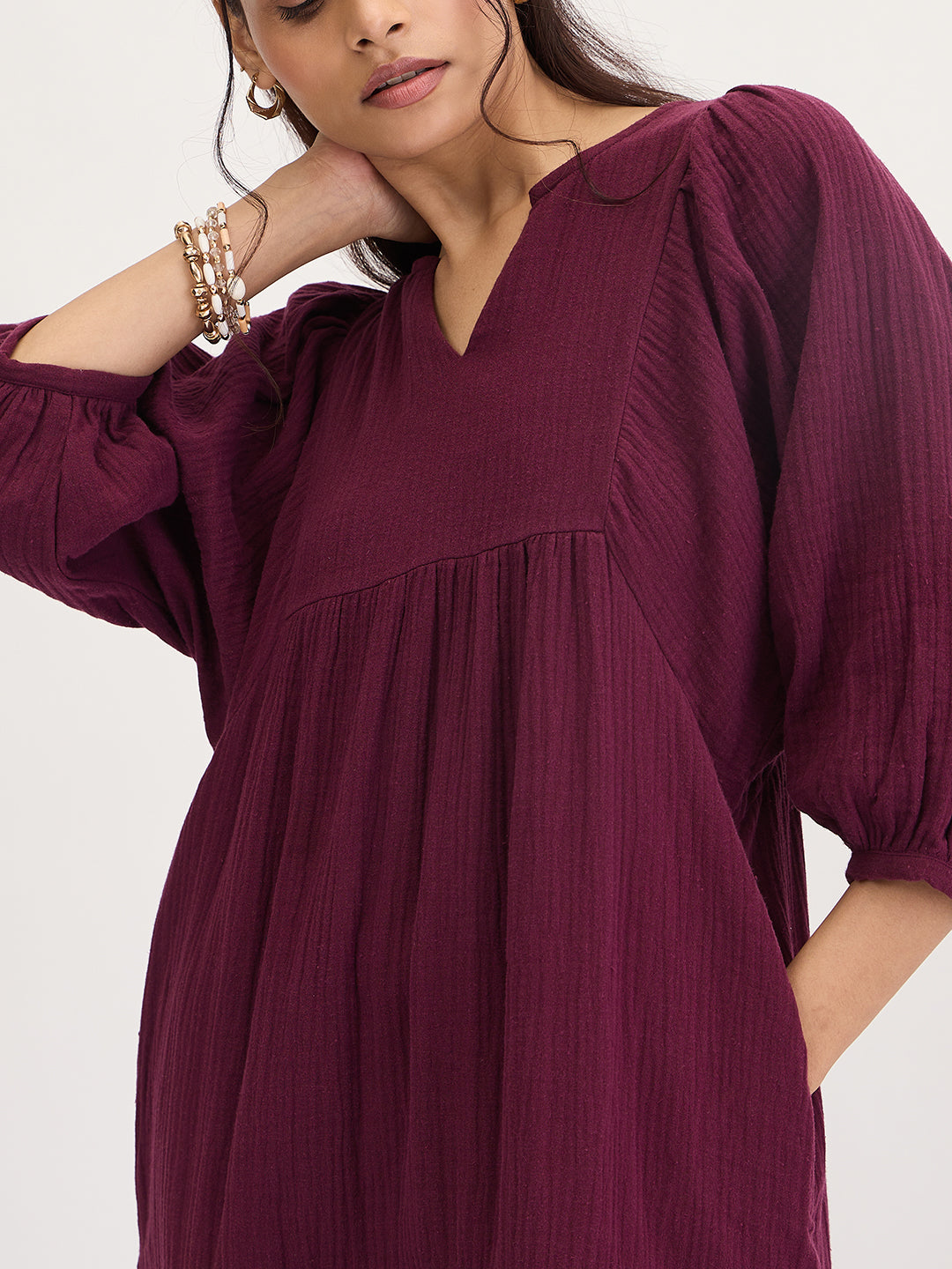 Wine Cotton Tiered Maxi Dress