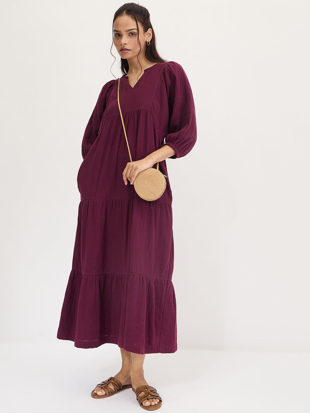Wine Cotton Tiered Maxi Dress
