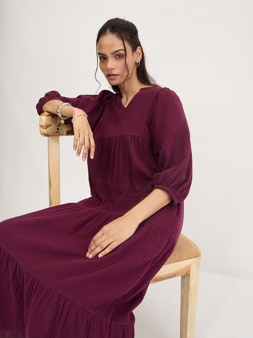 Wine Cotton Tiered Maxi Dress