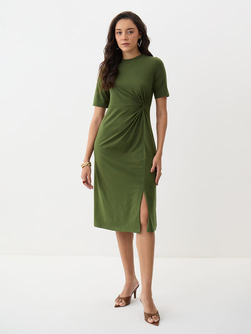 Olive Knit Knot Detail Midi Dress