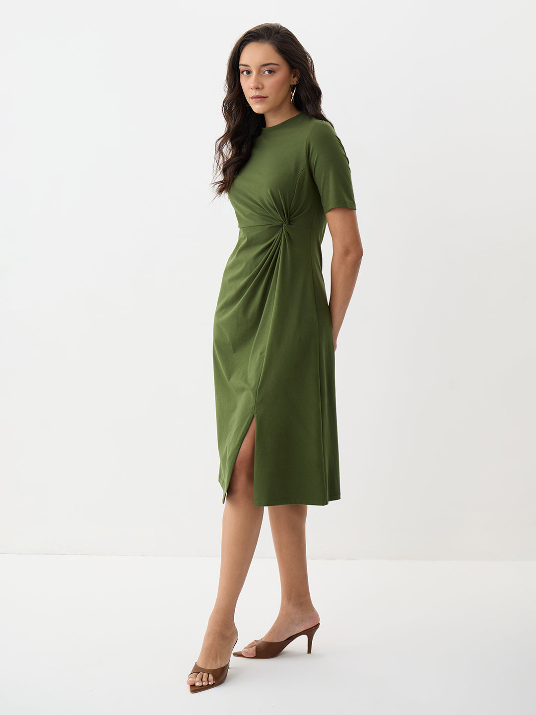 Olive Knit Knot Detail Midi Dress