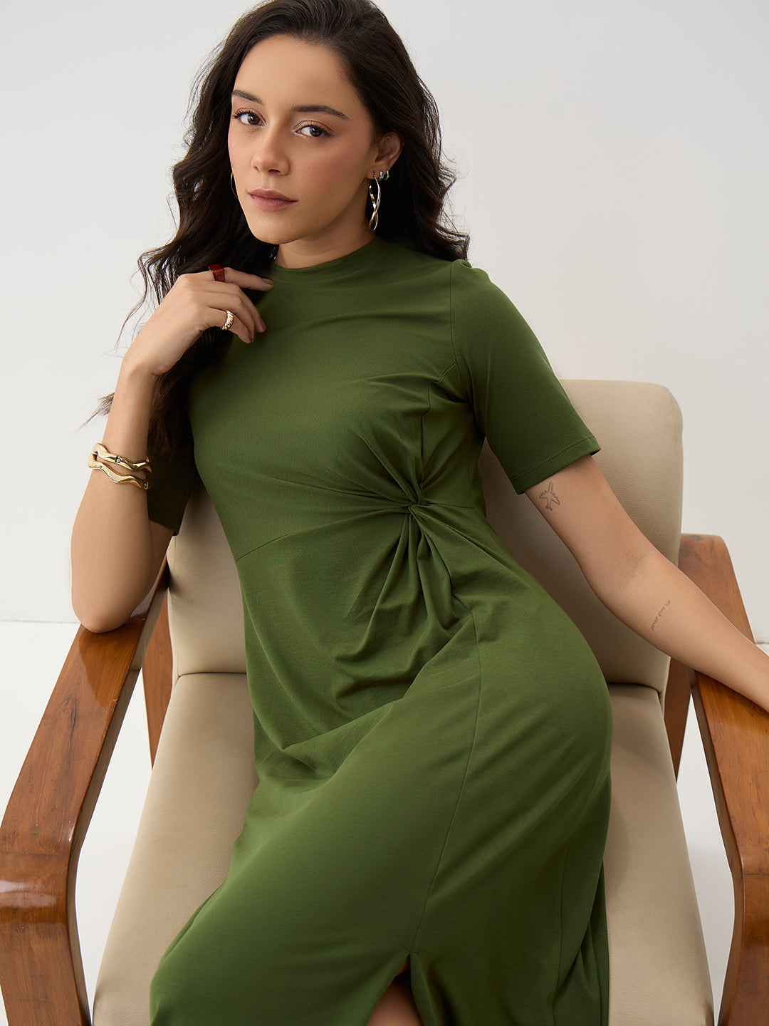 Olive Knit Knot Detail Midi Dress