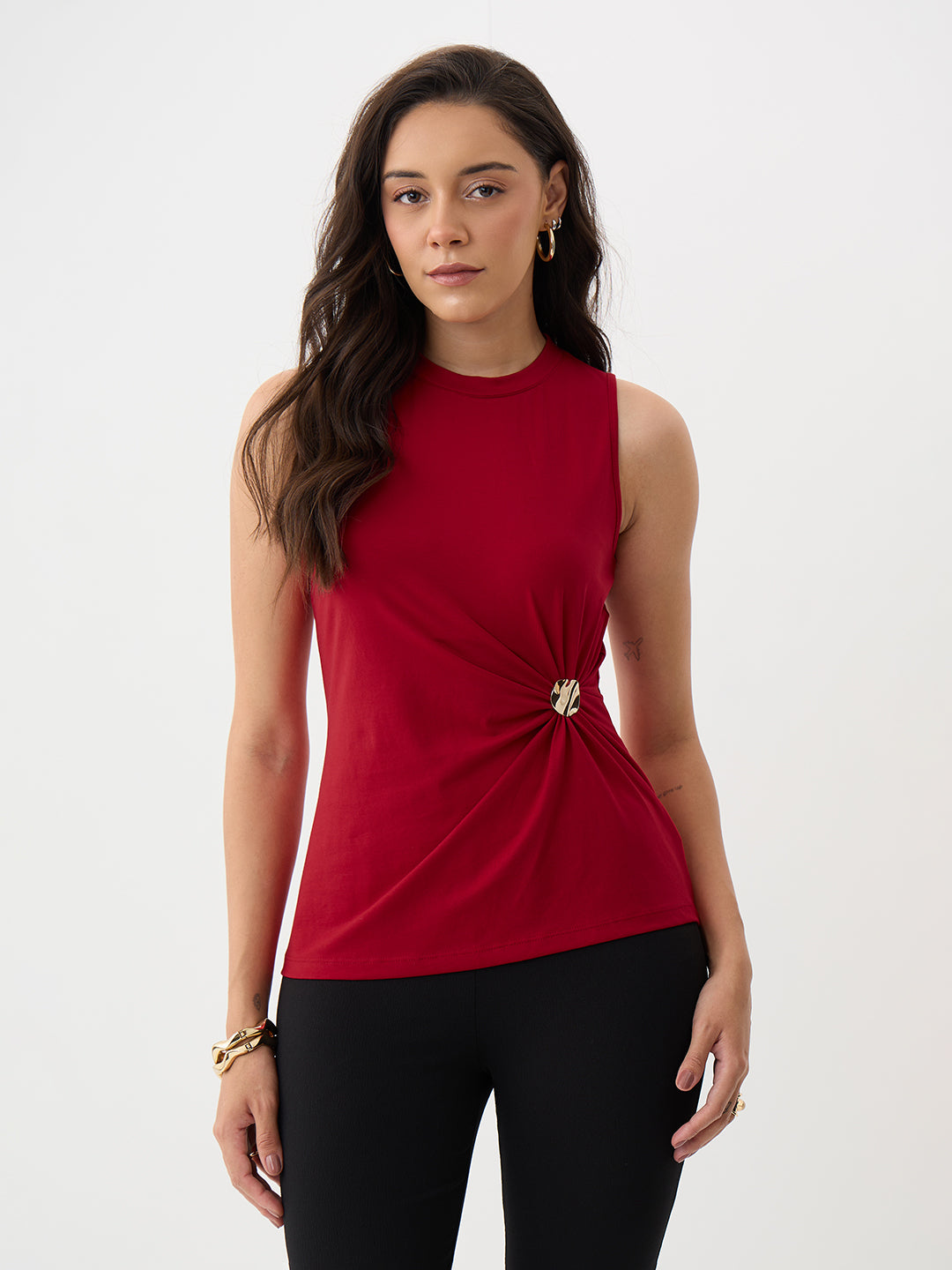 Red Knit Button Detail Top