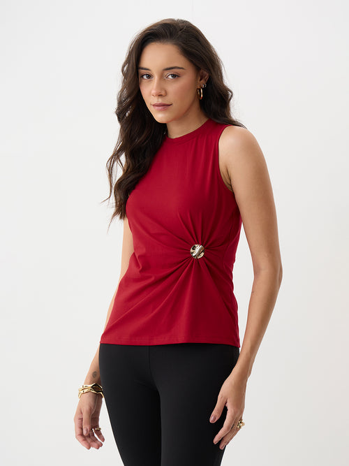 Red Knit Button Detail Top