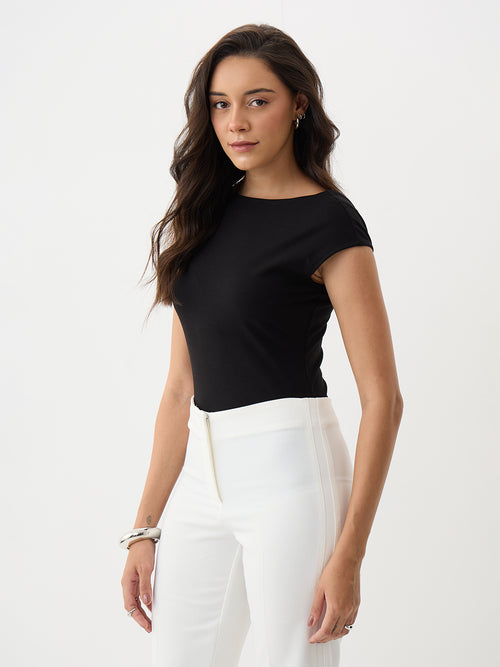 Black Knit Boat Neck Bodysuit
