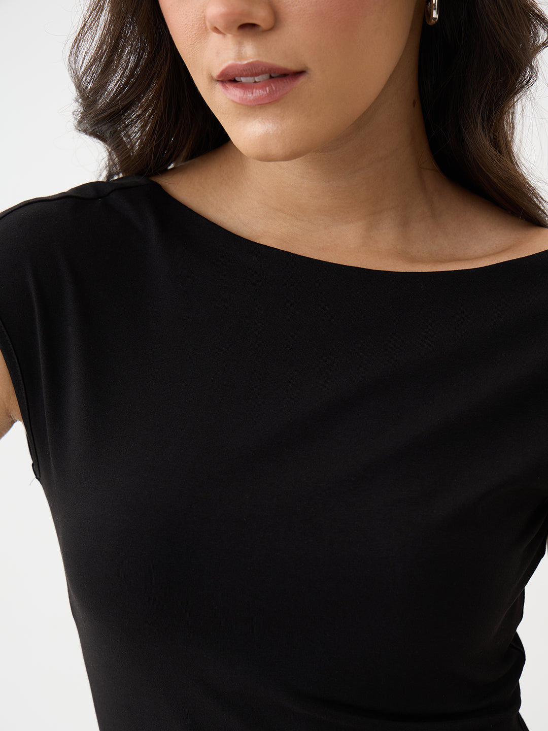 Black Knit Boat Neck Bodysuit