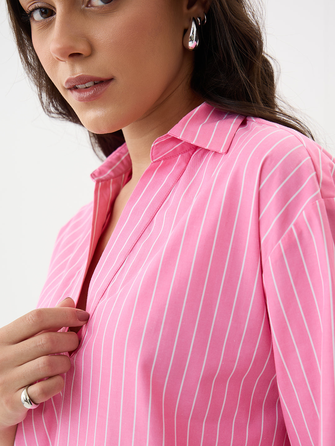 Pink Stripe Collared Oversized Top