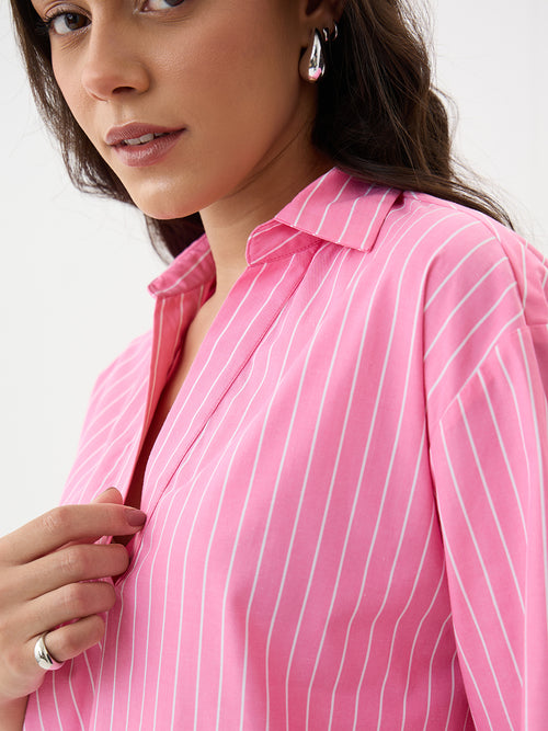 Pink Stripe Collared Oversized Top