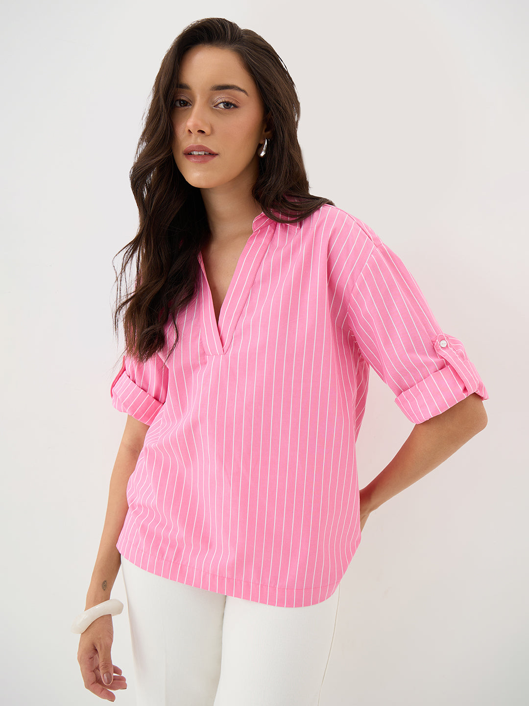 Pink Stripe Collared Oversized Top