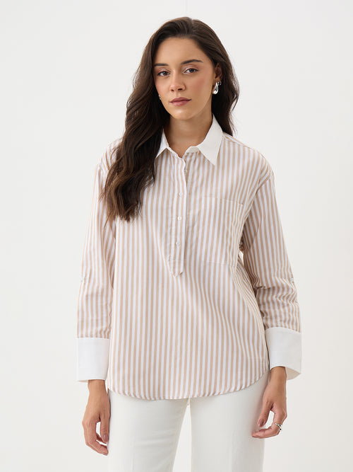 Beige Stripe Colorblock Tunic