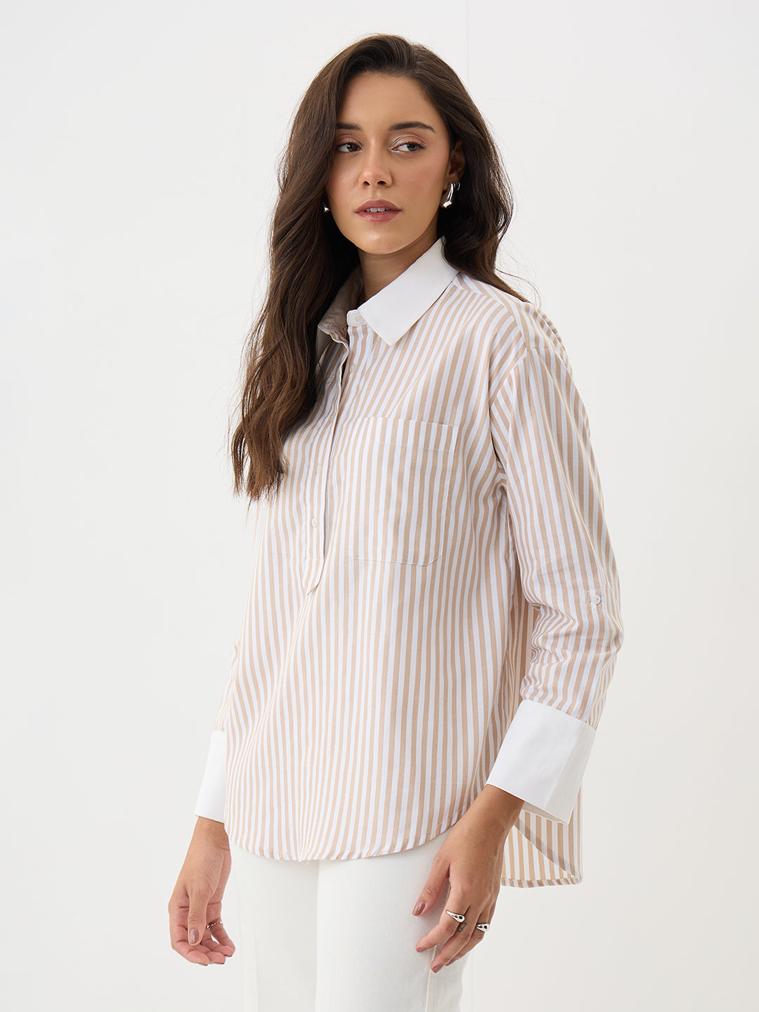 Beige Stripe Colorblock Tunic