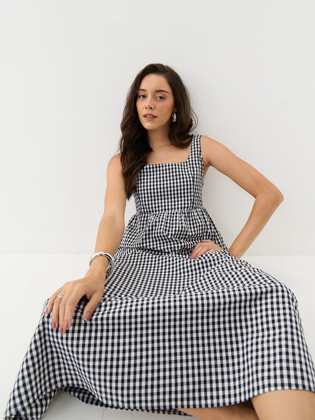 Black Gingham Sleeveless Maxi Dress