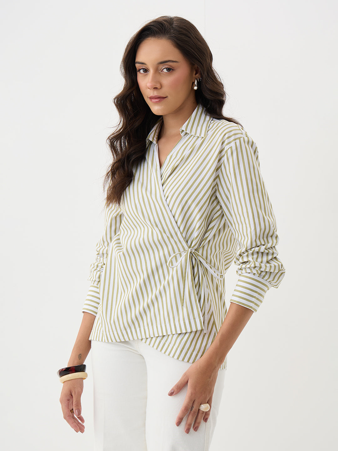 Olive Stripe Asymmetric Wrap Top