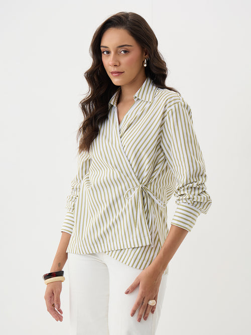 Olive Stripe Asymmetric Wrap Top