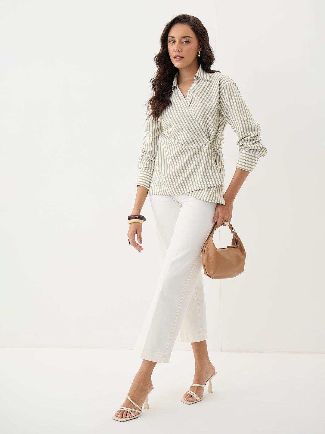 Olive Stripe Asymmetric Wrap Top