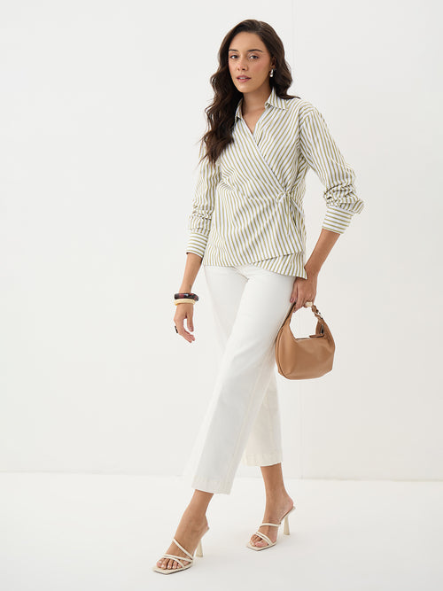 Olive Stripe Asymmetric Wrap Top