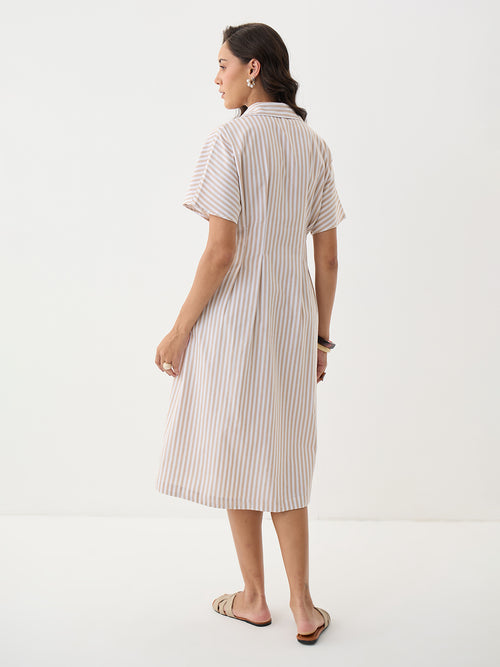 Beige Stripe Pleated Midi Dress