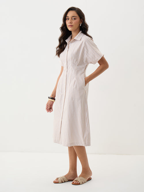 Beige Stripe Pleated Midi Dress