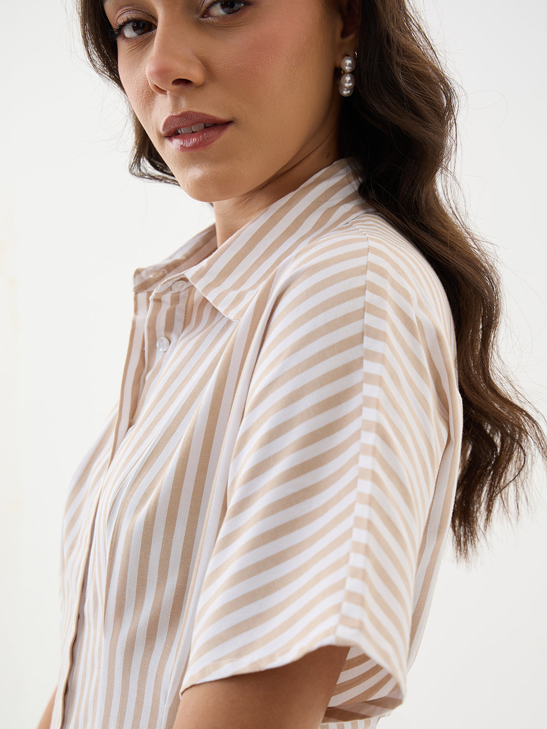 Beige Stripe Pleated Midi Dress