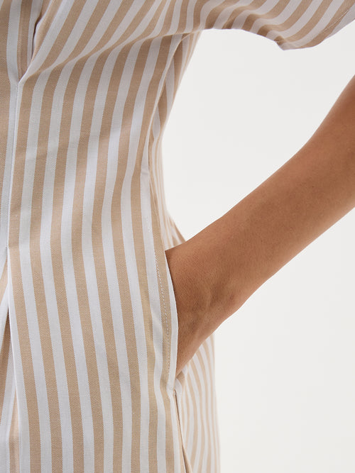 Beige Stripe Pleated Midi Dress