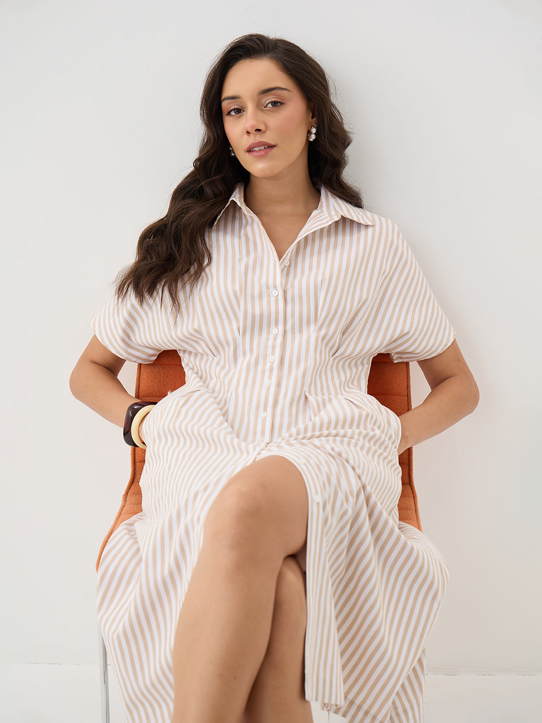 Beige Stripe Pleated Midi Dress