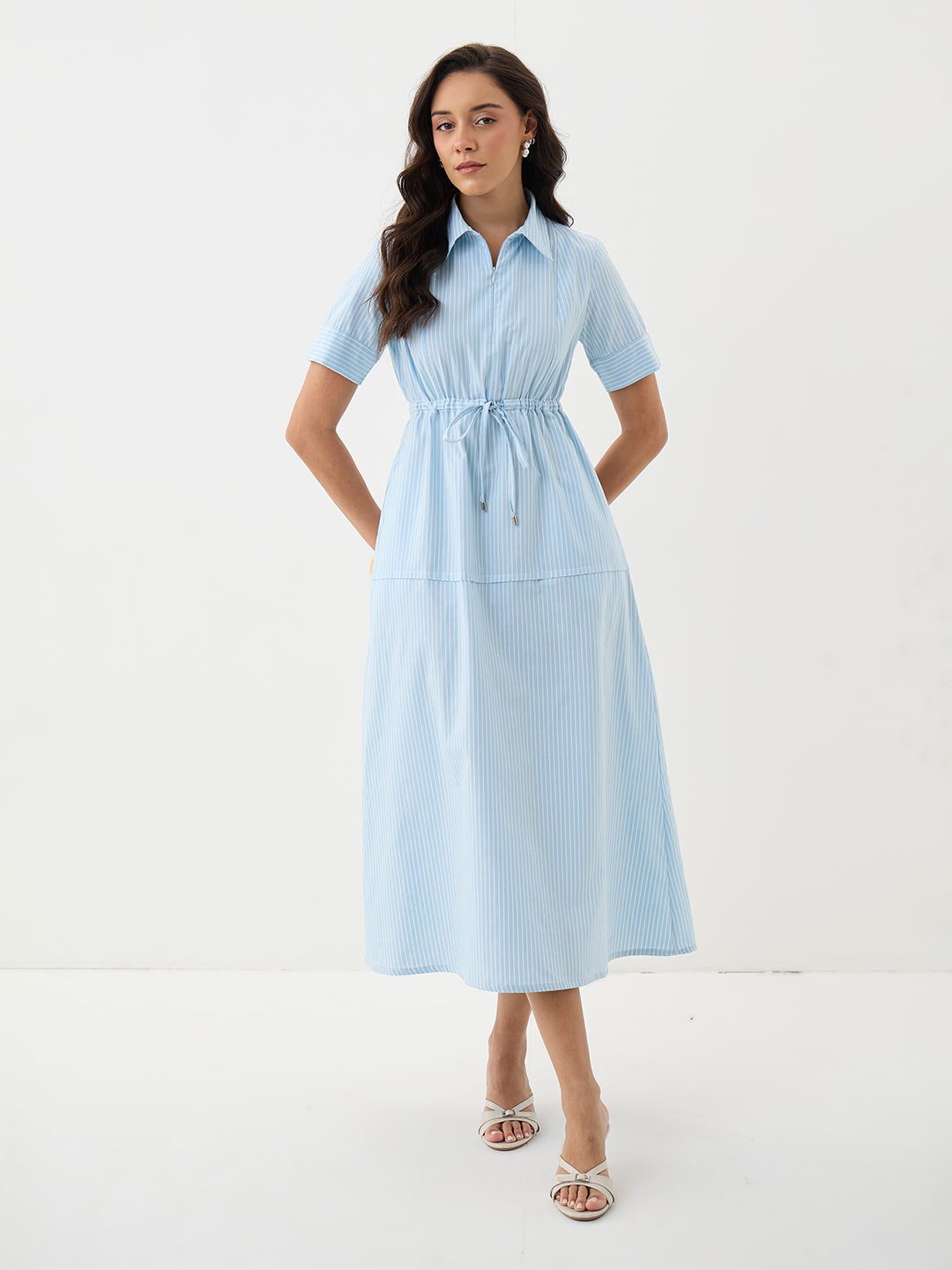 Blue Stripe Half Zip-Up Maxi Dress