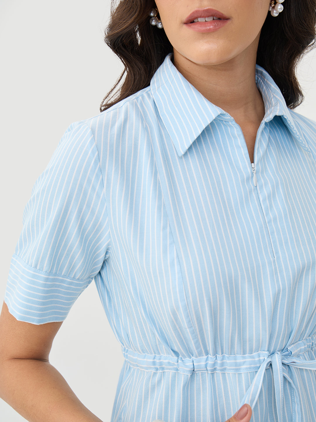Blue Stripe Half Zip-Up Maxi Dress