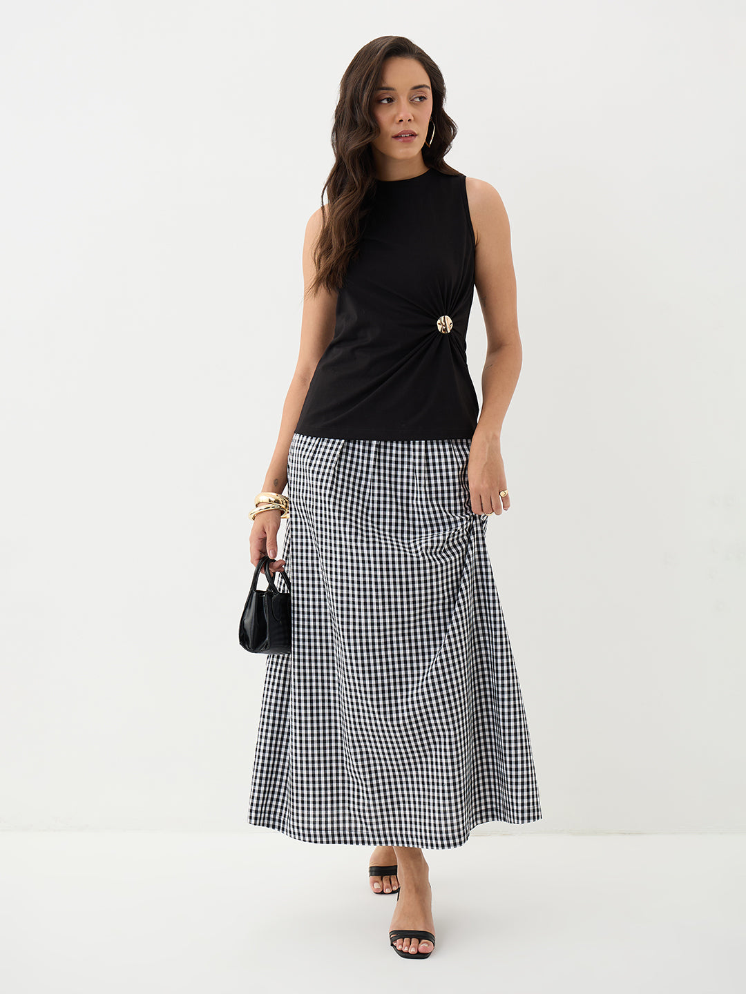 Black Gingham A-Line Maxi Skirt