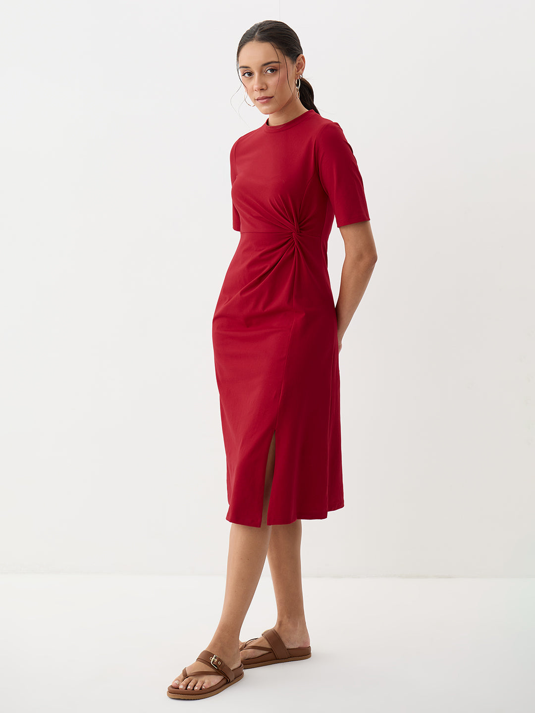 Red Knit Knot Detail Midi Dress