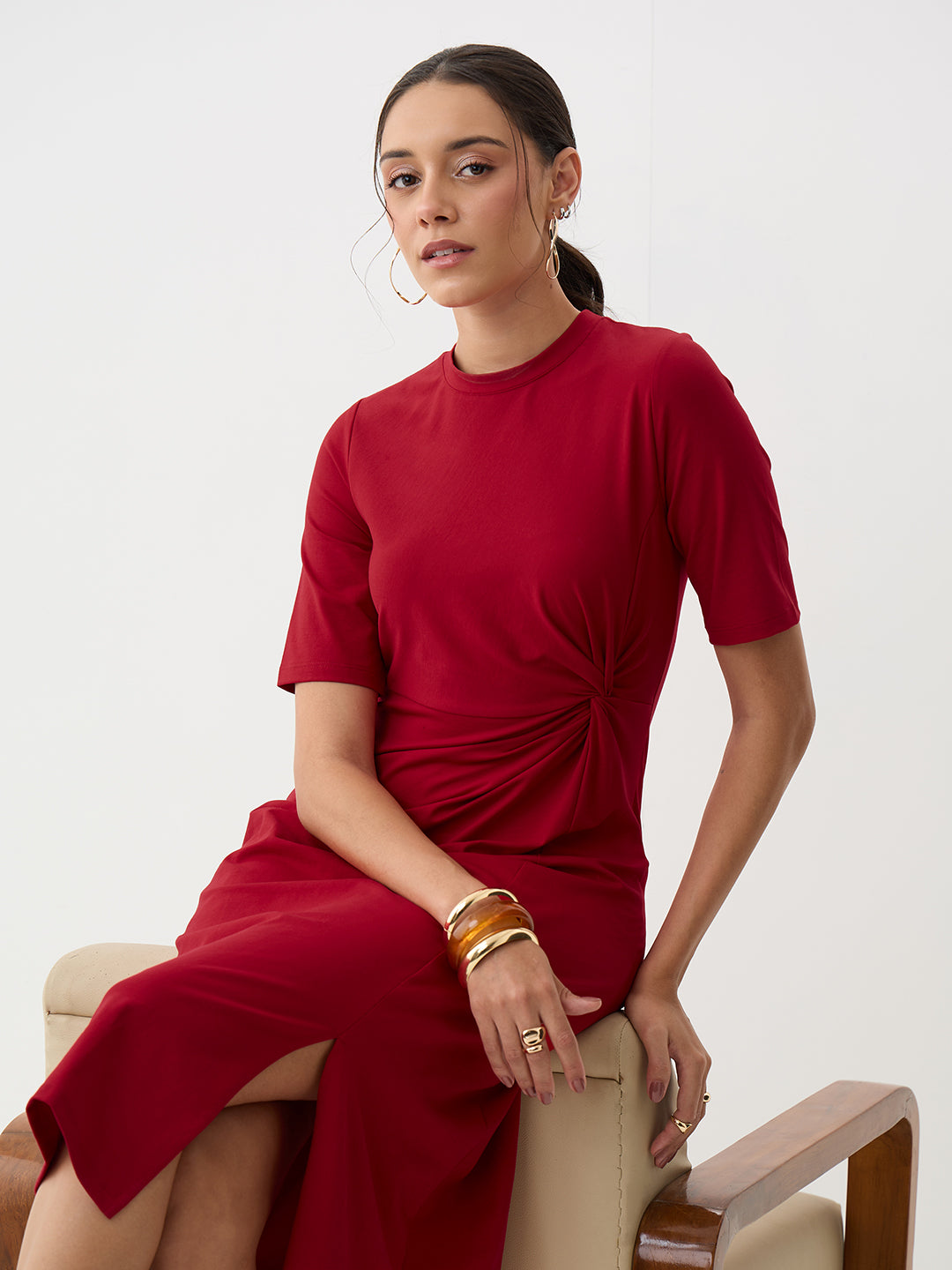 Red Knit Knot Detail Midi Dress