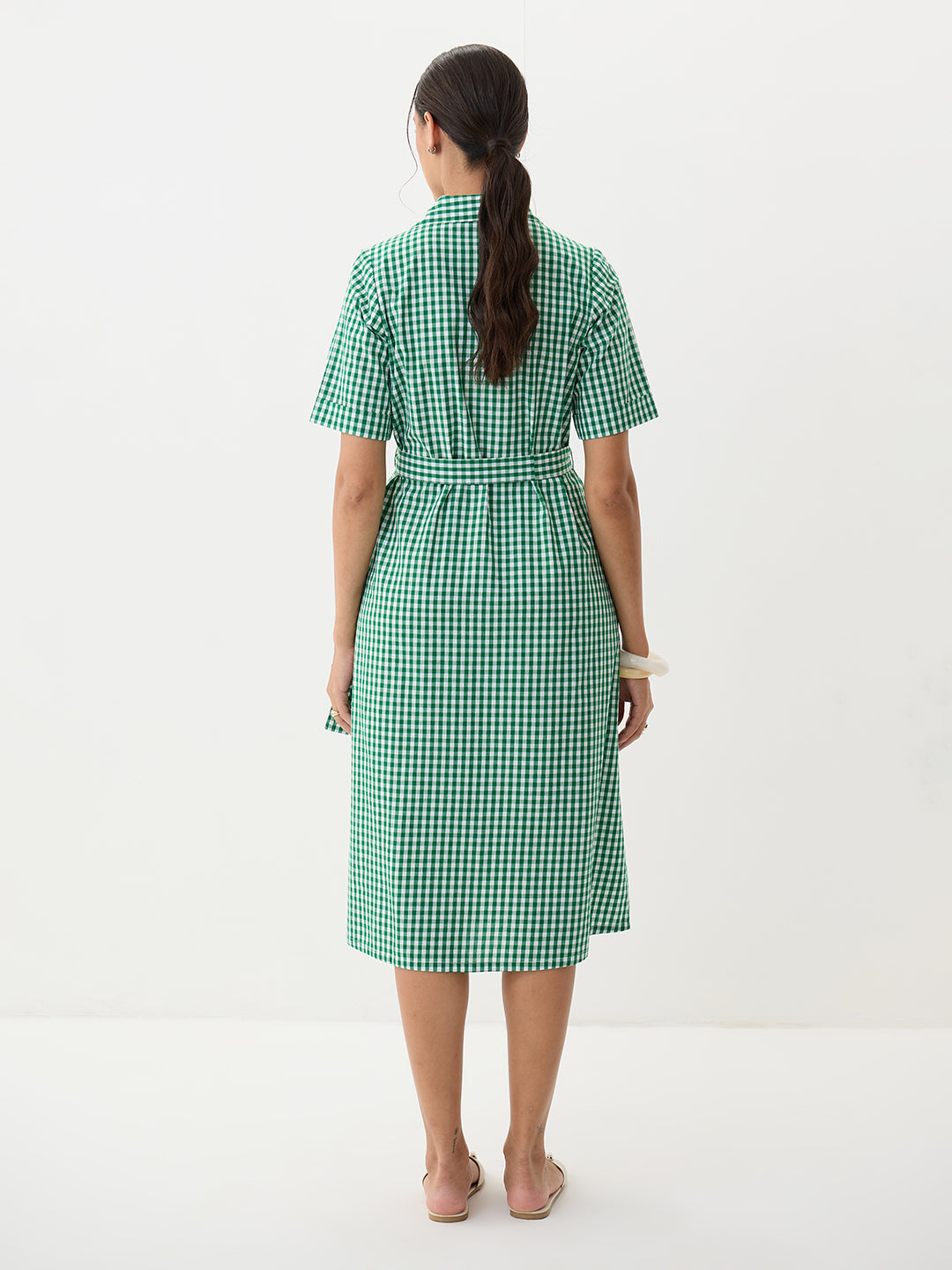 Green Gingham Button Down Midi Dress