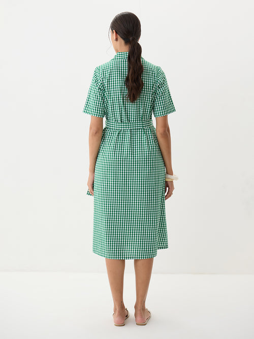 Green Gingham Button Down Midi Dress
