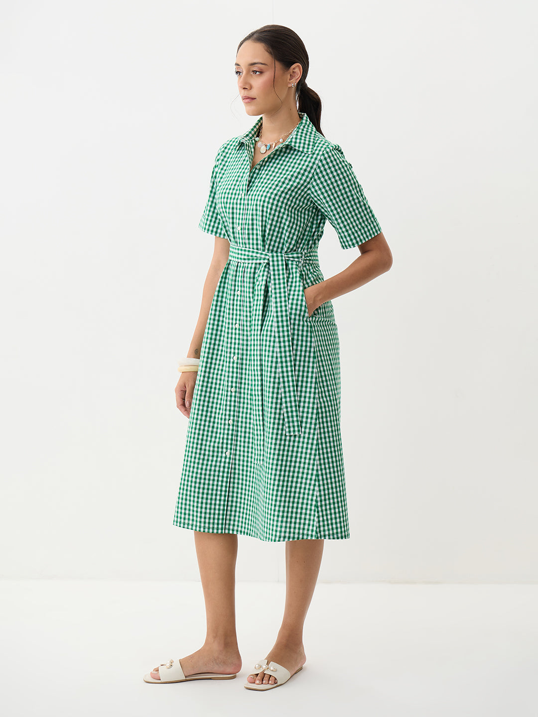 Green Gingham Button Down Midi Dress