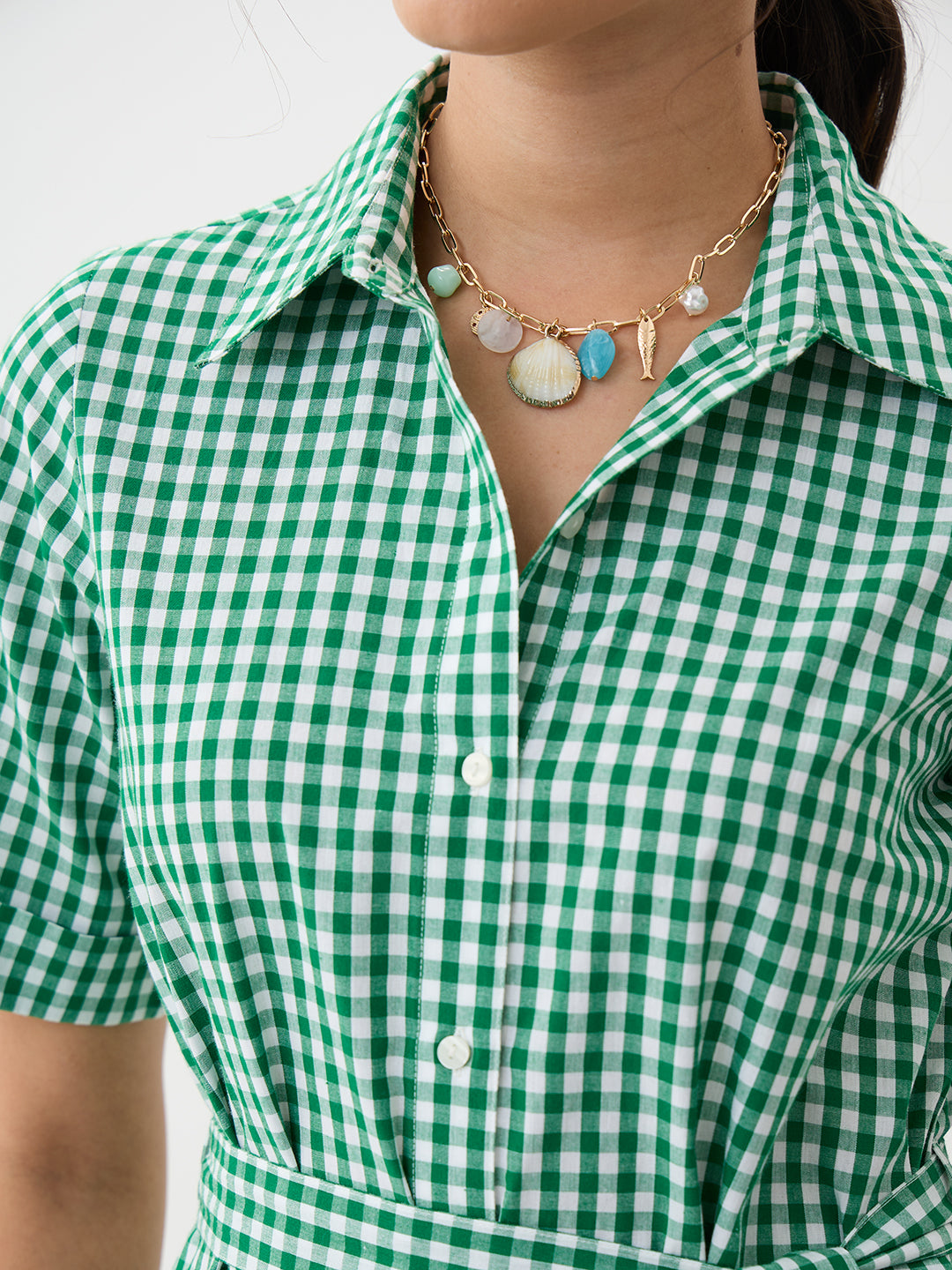 Green Gingham Button Down Midi Dress