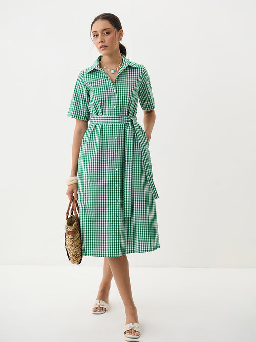 Green Gingham Button Down Midi Dress