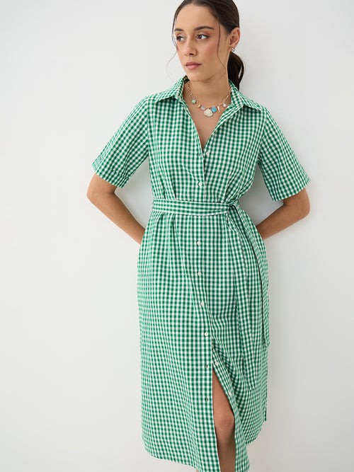 Green Gingham Button Down Midi Dress